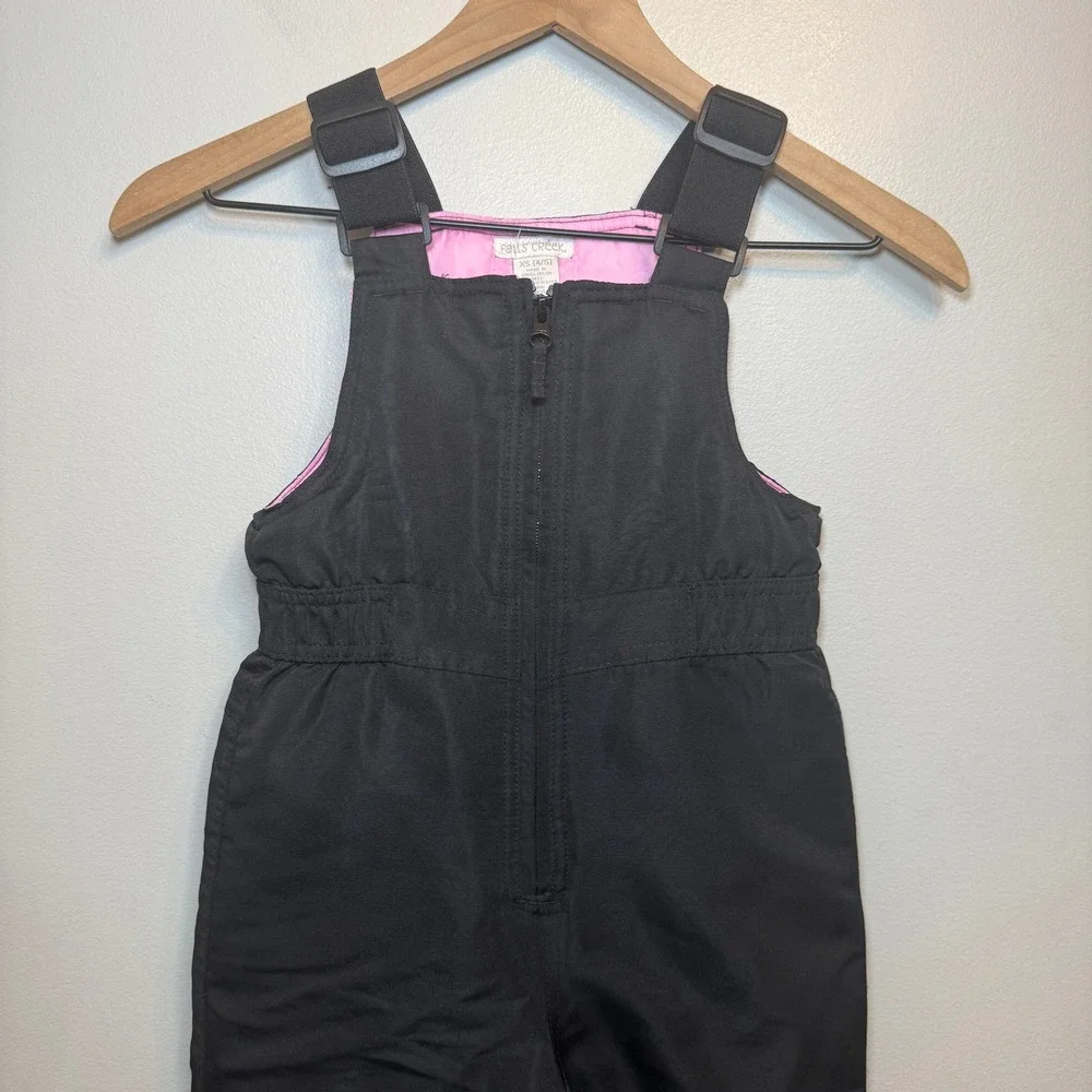 Falls Creek Girls Black Pink Insulated Snow Bibs Overalls XS 4/5 Reinforced Knee